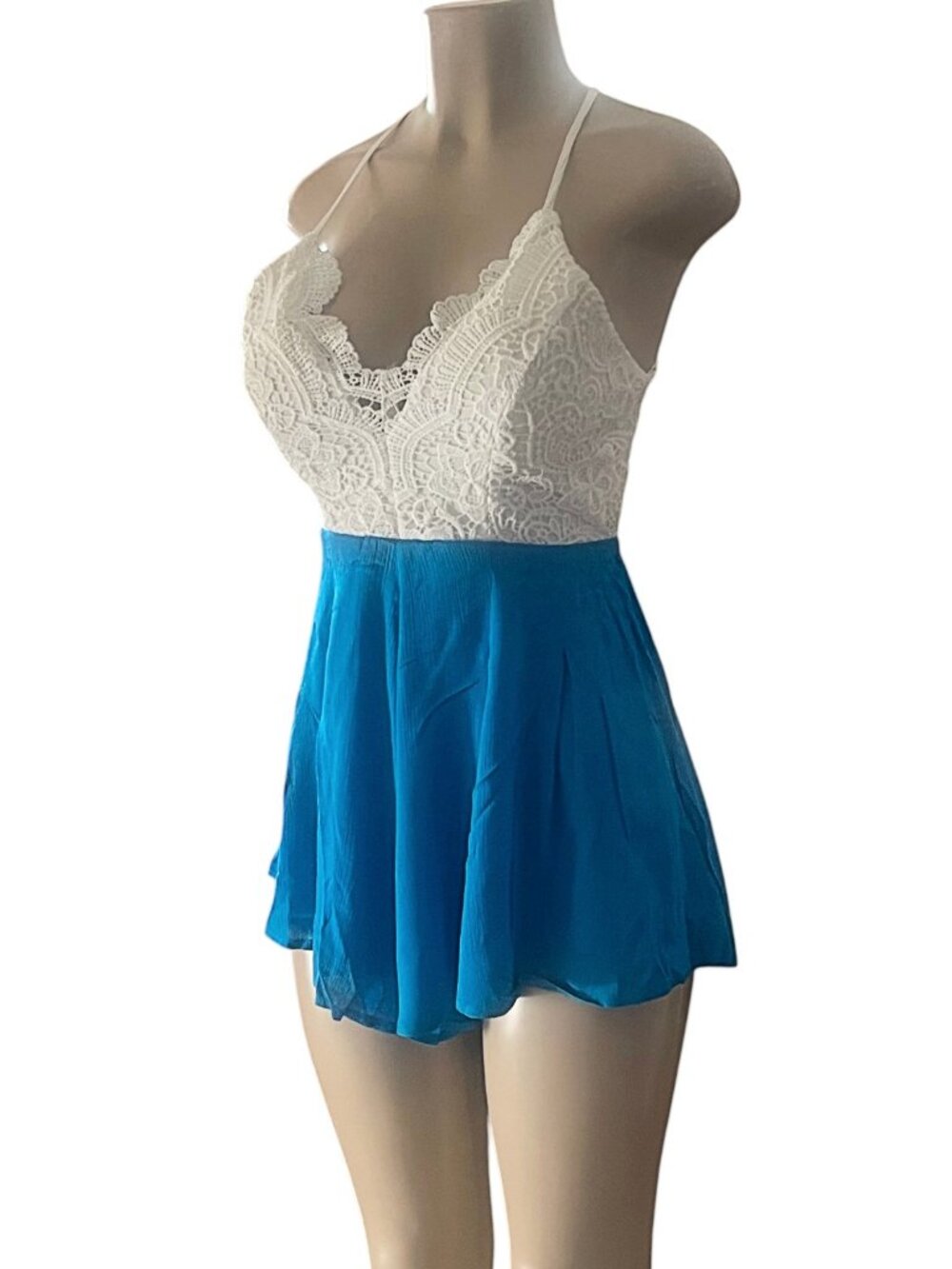 Lace Chiffon Spaghetti Strap Criss Cross Back Casual Romper Size M - Picture 4 of 6
